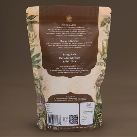 Back view of a protein powder package with branding and text on a brown background