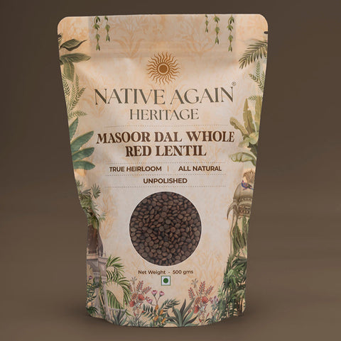 Native Again Heritage Masoor Dal Whole Red Lentil packaging on a brown background