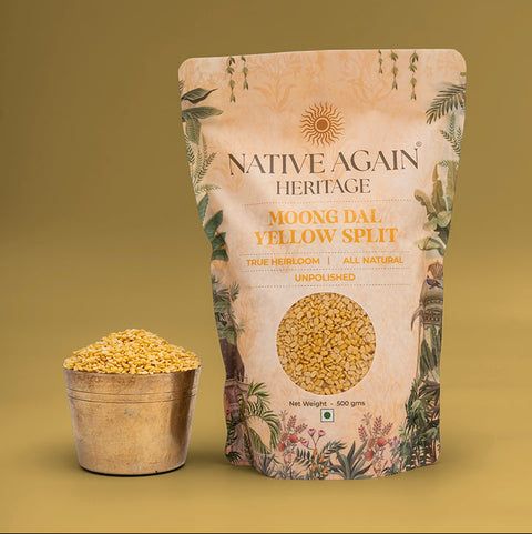 Native Again Heritage Moong Dal Yellow Split packaging with a container of dal on a green background