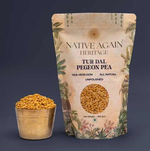 Native Again Heritage Tur Dal Pigeon Pea package with a small bowl of peas on a dark background