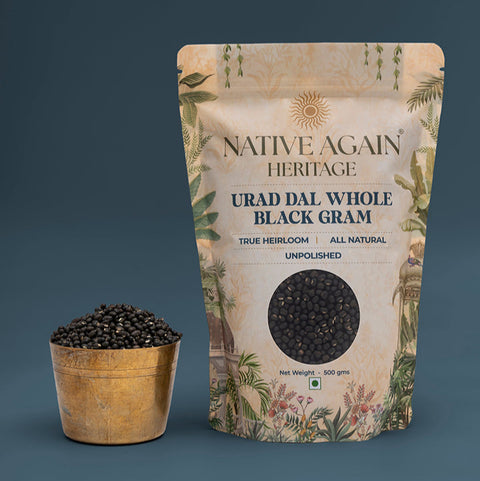 Native Again Urad Dal Whole Black Gram packaging with a small container of black grams on a dark background