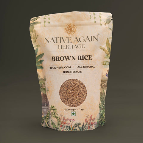 Native Again Heritage Brown Rice packaging on a dark background