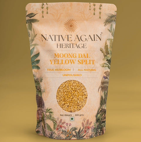 Native Again Heritage Moong Dal Yellow Split package on a matching background