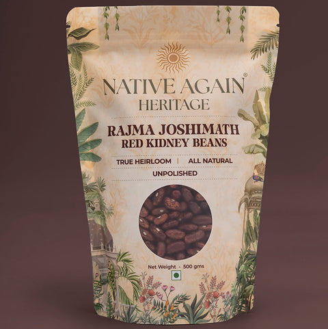 Native Again Heritage Rajma Joshimath Red Kidney Beans packaging on a brown background