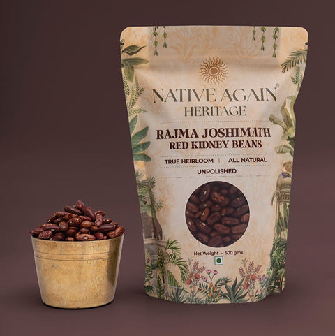 Native Again Heritage Rajma Joshimath red kidney beans packaging with a small container of beans on a brown background