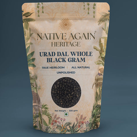 Native Again Heritage Urad Dal Whole Black Gram packaging on a dark background